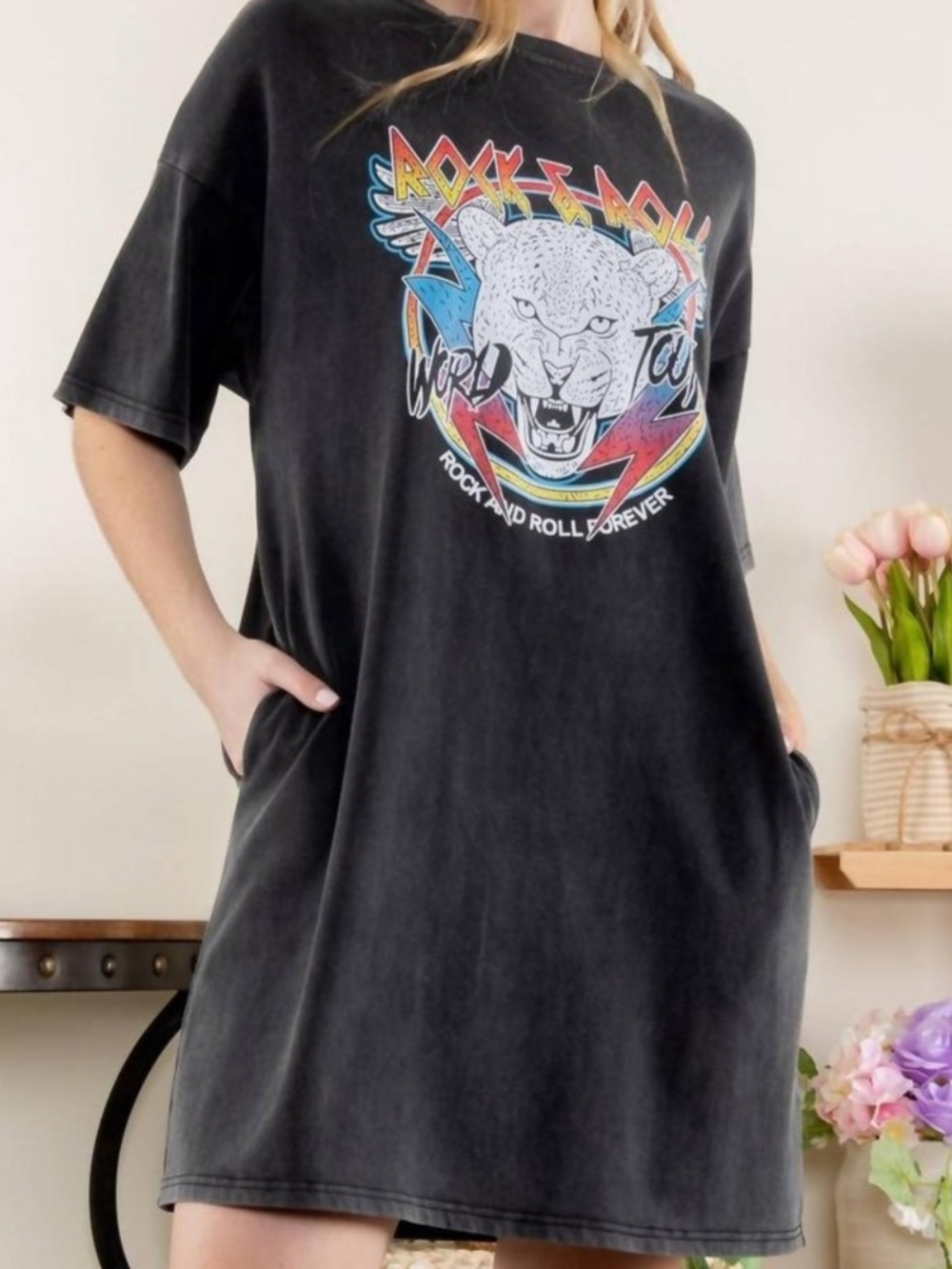 Bluevelvet Rock & Roll Graphic Tee Dress NWT | Acid Wash | Pockets Oversized S